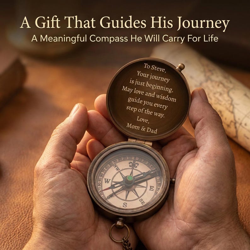 Custom engraved compass with inspirational quote, perfect for graduation gift