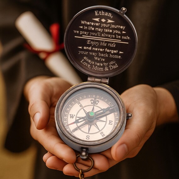 Personalized Engraved Vintage Brass Compass Gift: Custom Compass Graduation Gifts for Son or Grandson