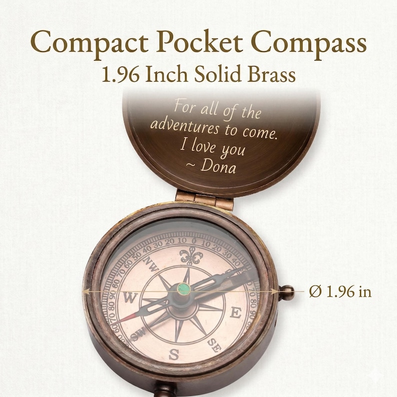 Custom engraved compass with initial and name on cover, personalized antique brass pocket compass gift for him