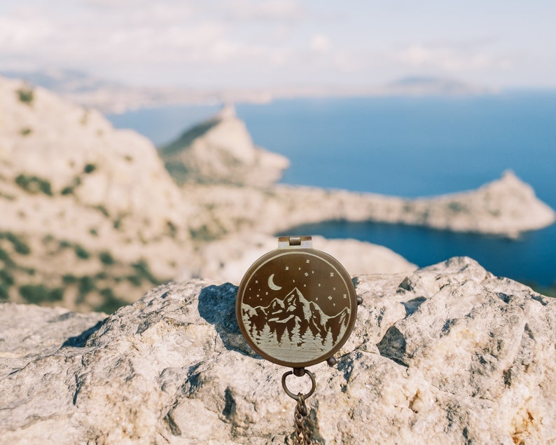 mountains moon stars engraved compass gift