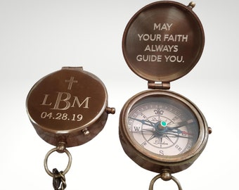 Engraved Compass Baptism Gift, Personalized First Communion Gift, Confirmation Gifts for Girls, Boys Christening Gift