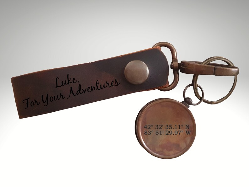 Personalized Leather Compass Keychain Engraved Compass Etsy
