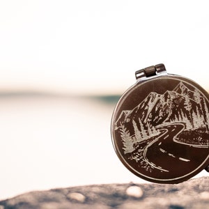 mountains and road engraved compass gift