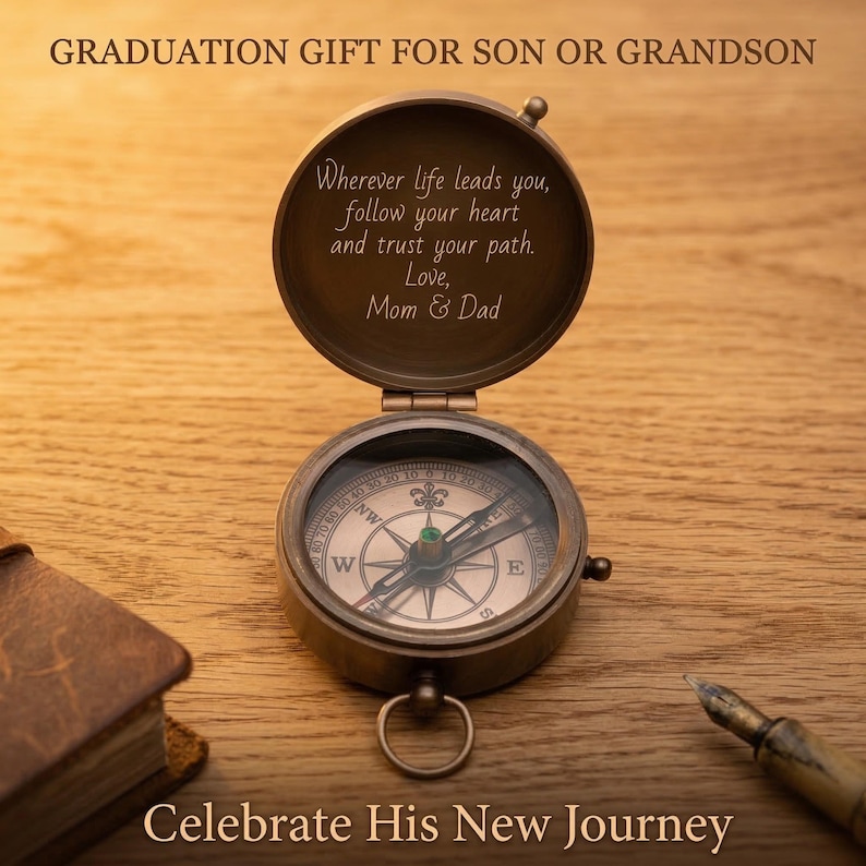 brass compass with chain vintage design personalized gift for him