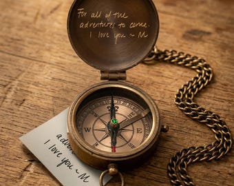 Personalized Handwriting Compass Gift – Custom Engraved Brass Pocket Compass – Antique Keepsake for Him