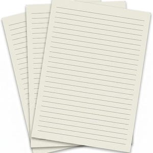 May include: A stack of three rectangular sheets of off-white paper, each featuring evenly spaced, thin, horizontal black lines across the entire surface. The sheets are arranged in a slightly fanned, overlapping vertical orientation.