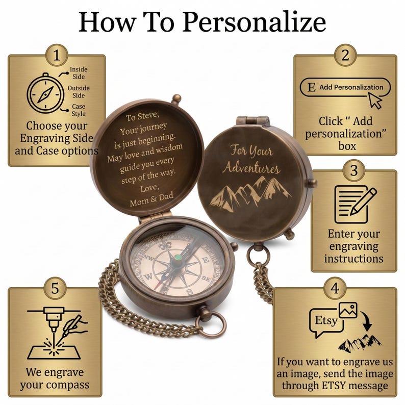 Custom engraved compass with inspirational quote, perfect for graduation gift