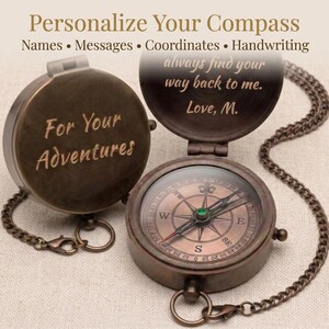 Customizable working brass pocket compass gift for men engraved with date, name, photo, monogram, message