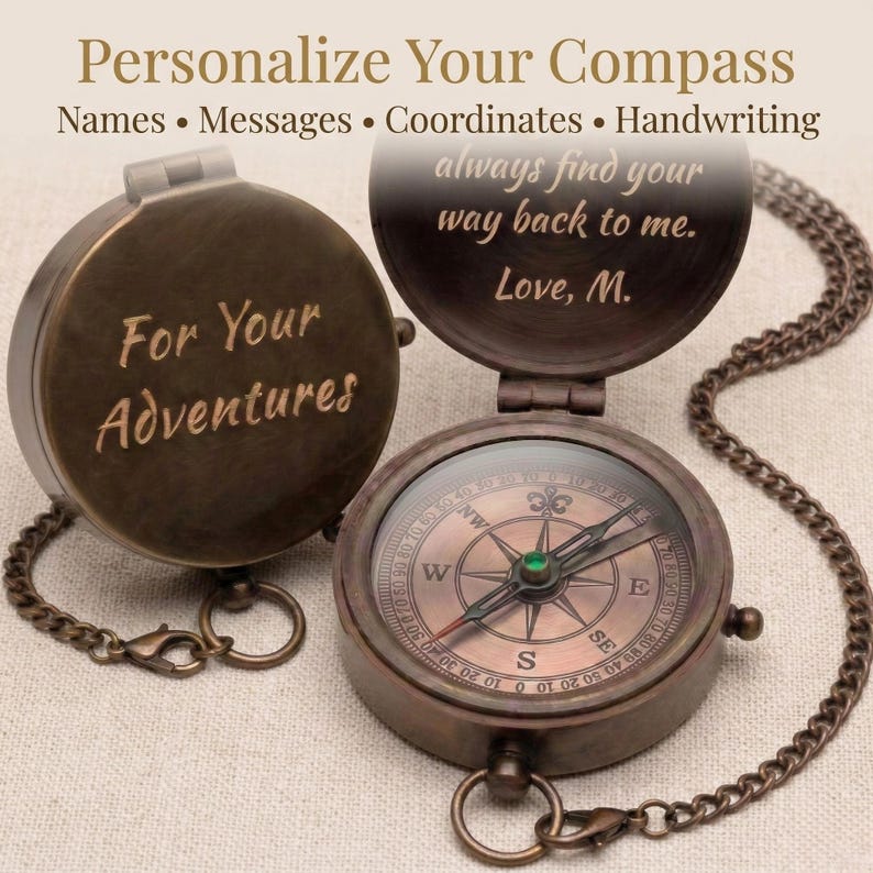 Customizable working brass pocket compass gift for men engraved with date, name, photo, monogram, message
