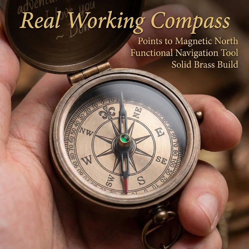 Personalized compass gift with engraved message inside and front engraving, antique brass pocket compass