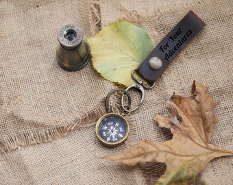 Custom Keychain, Personalized Leather Compass Keychain, Engraved Handmade Compass Keychain, Personalized Gifts