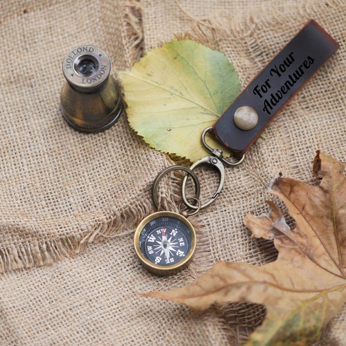 Compass Keychain Personalized Gift Engraved Keyring Custom Etsy