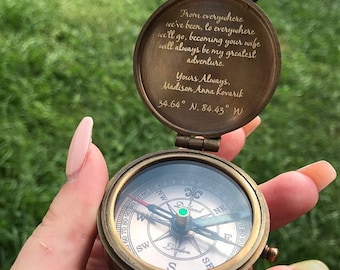 Custom Compass, Personalized Compass Gift for Men, Engraved Working Handmade Brass Compass, Fathers Day Gift, Anniversary Gift for Husband
