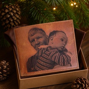Personalized Photo Wallet for Men – Custom Engraved Mens Leather Bifold Wallet – Slim Minimalist Picture Gift for Dad, Husband, Boyfriend