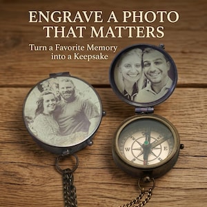 Personalized engraved brass pocket compass showing custom initials on cover and side hinge detail