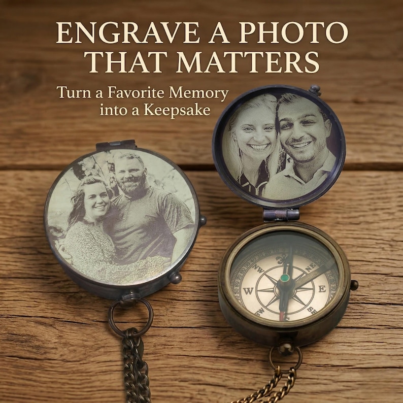 Personalized engraved brass pocket compass showing custom initials on cover and side hinge detail