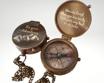 Gravierter Messingkompass, personalisiertes Geschenk für Ihn, individuelles Kompassgeschenk für Männer, Jubiläumsgeschenk für Ehemann