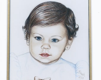 May include: A colored pencil portrait of a baby with blue eyes and brown hair. The baby is wearing a white dress with a bow. The portrait is signed "Blanch 2003".
