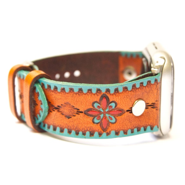 Southwestern Leather Apple Watch Band for 38mm 40mm 41mm 42mm 44mm 45mm Models Tan with Red and Turquoise Accents