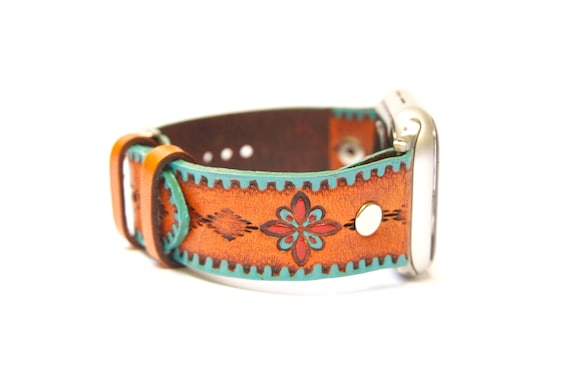 Southwestern Leather Apple Watch Band for 38mm 40mm 41mm 42mm 44mm 45mm 46mm 49mm Ultra Models Tan with Red and Turquoise Accents