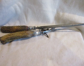 Antique ANTLER STERLING Serving Fork and Knife Sharpener
