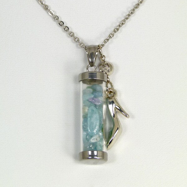 Genuine Aquamarine Tumbled Beads in Specimen Tube w/ CZ High Heel Shoe Pendant