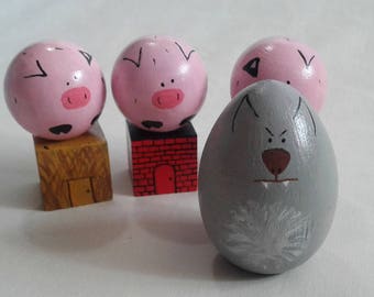 Three Little Pigs Peg Dolls, Big Bad Wolf, Fairy Tale Toy Set