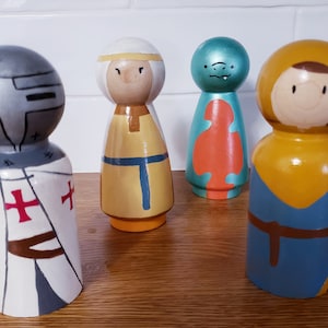 Knight Princess Squire Dragon Peg People, Knight Princess Peg Toy, Dragon Peg doll, Squire Peg Toy, Wooden Toy, Wooden Peg, Natural wood toy