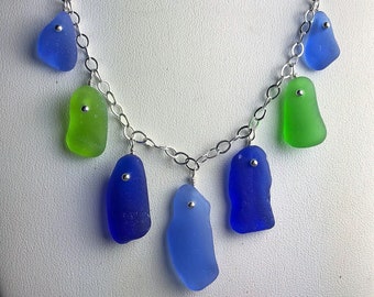 Blue multi color sea glass necklace on sterling silver by Monterey Bay Seaglass