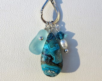 Striking aqua sea glass and chrysocolla gemstone necklace on  sterling silver infinity ring