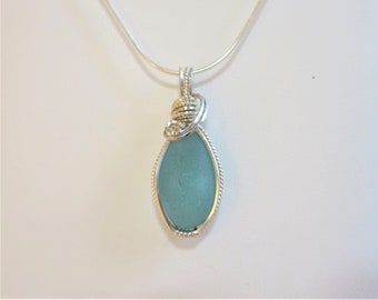 Striking aqua sea glass necklace in sterling silver wire wrap by Monterey Bay Sea glass