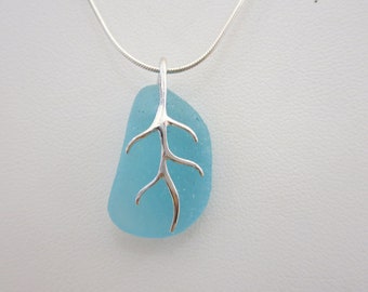 Pretty aqua sea glass necklace from Monterey Bay Sea glass, on sterling silver