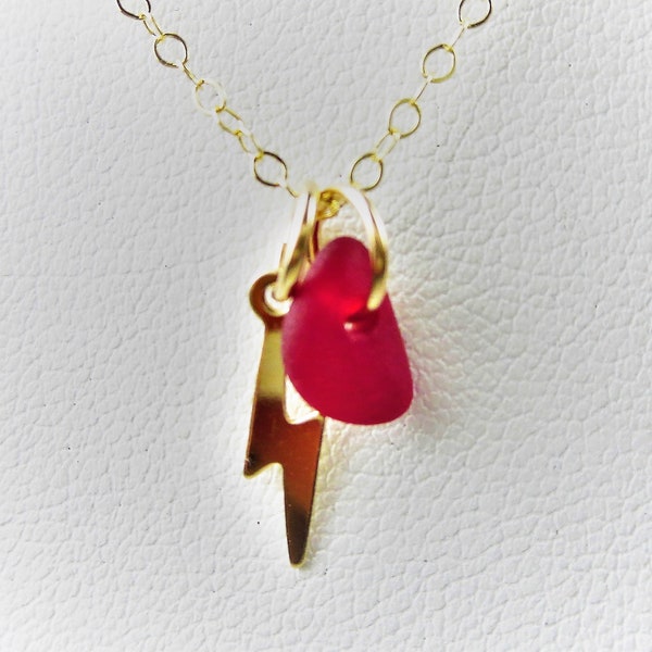 Rare Red sea glass necklace for her with gold filled lightning bolt charm on gold filled chain by Monterey Bay Seaglass