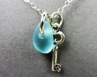 Aqua beach glass, sea glass necklace with sterling silver charm and chain, minimilist, by Monterey Bay Seaglass