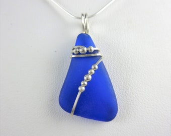 Elegant cobalt blue sea glass necklace on sterling silver wire wrap, Monterey Bay