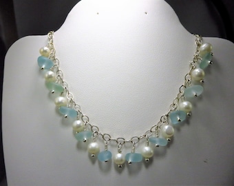 Elegant pearl and sea glass necklace on sterling silver