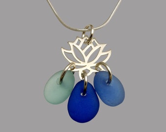 Unique shades of blue sea glass necklace on a sterling silver lotus flower necklace