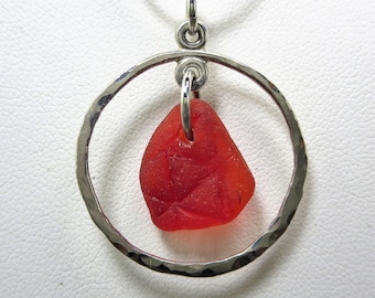 Rare red amberina sea glass necklace on hammered sterling silver round ring by Monterey Bay Seaglass