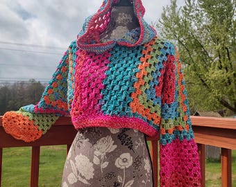 Handmade Crochet Hoodie | Oversized Granny Square Jacket | Boho Festival Fashion