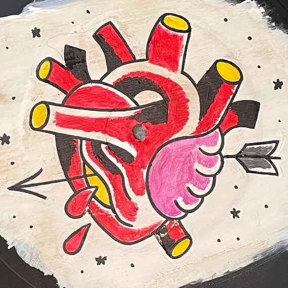 Acrylic on Vinyl LP Record Flash Anatomical Heart VINTAGE Hand-Painted Art