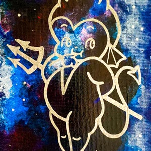 El diablo "EN LAS CARTAS" 4 x 6 pulgadas, arte pintado a mano, panel acrílico sobre lienzo
