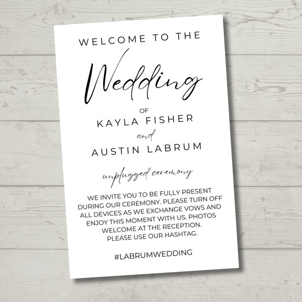 Minimalist Unplugged Wedding Ceremony Keepsake Handouts on Extra Heavy-Weight Cardstock for Place Setting | Nuptials Hashtag Cards | Flyers