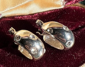 Vintage Sterling Silver Flush Set CZ Hoop Earrings