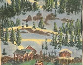 Original Vintage Mountain Lake Town Landscape Pastel, Signed Ellen Viereck And Dated 1954