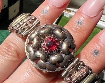 Vintage Gold Filled Sweetheart Expansion Bracelet With Ruby Paste Stones And Heart Motif