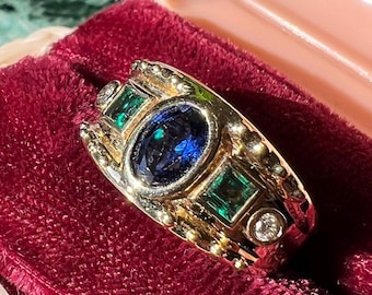 Vintage 14k Yellow Gold Bezel Set Sapphire, Tsavorite, Diamond Band