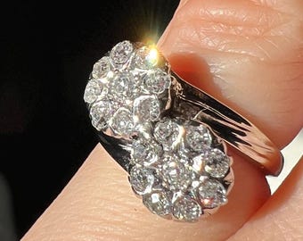 Antique 14k White Gold Old Mine Cut Diamond Double Flower Bypass Ring
