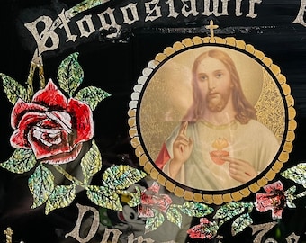 Art Deco Reverse Painted Glass Polish Foil Tinsel Art: Sacred Heart Of Jesus With Roses "I Will Be At Home With You"