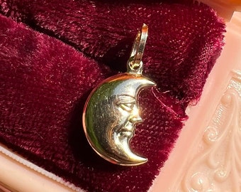 Vintage 14k Yellow Gold Double Sided Puffy Crescent Moon Man Charm