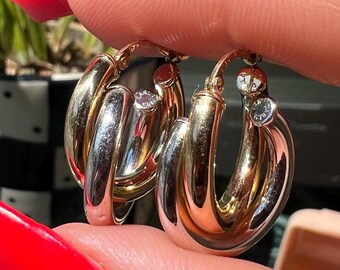 Chubby Vintage Two Tone 14k Gold Double Hoop Earrings